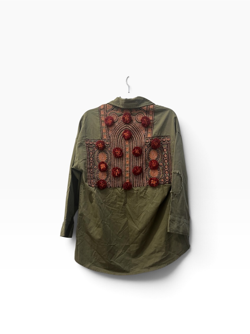 TRF Outerwear Olive Green Tapestry Bead Pom Embellished Utility Shirt Jacket XS